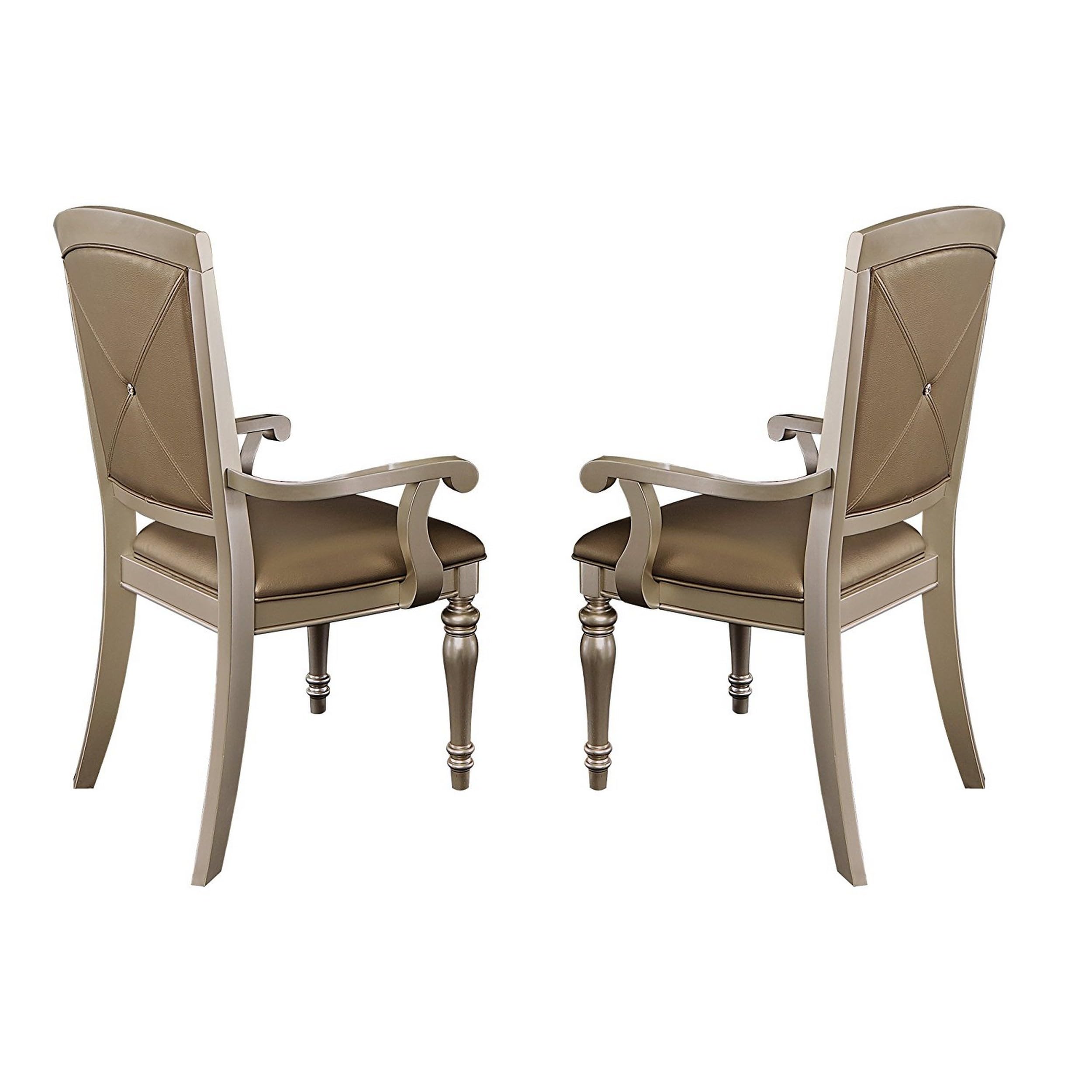 Benzara Wood & Leather Dining Side Arm Chair with Crystal Tufting, Silver, Set of 2
