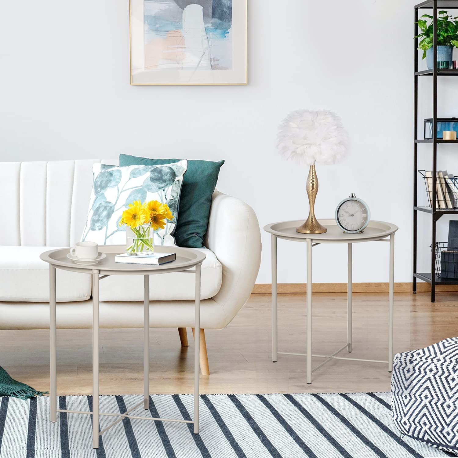 Vecelo Side/End Table, Folding Round Metal Anti-Rust And Waterproof Outdoor Or Indoor Tray For Living Room Bedroom Balcony And Office, 2 Pcs, Grey