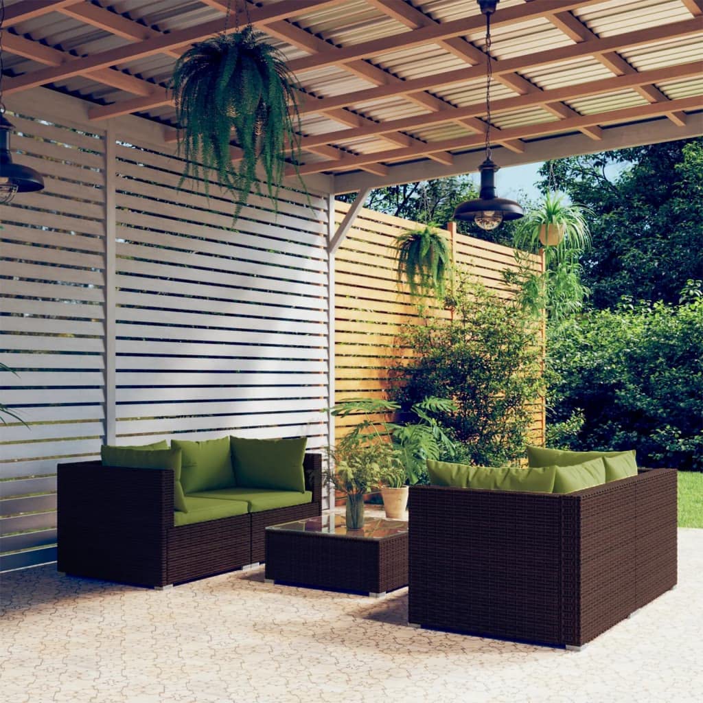 vidaXL 5-Piece Brown PE Rattan Outdoor Patio Lounge Set with Cushions - Modular Corner Sofas, Coffee Table, and Durable Steel Frame