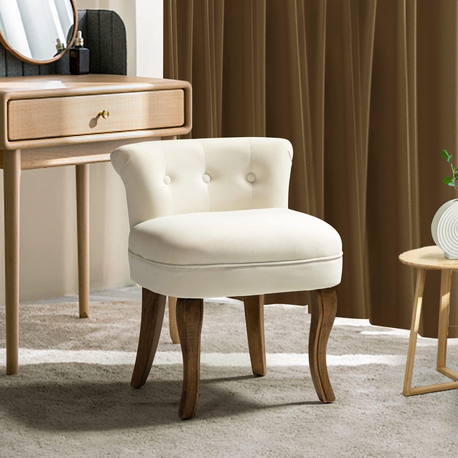 HULALA HOME Velvet Vanity Stool with Low Back, Modern Vanity Chair with Solid Wood Legs, Small Upholstered Makeup Chair Home Dec