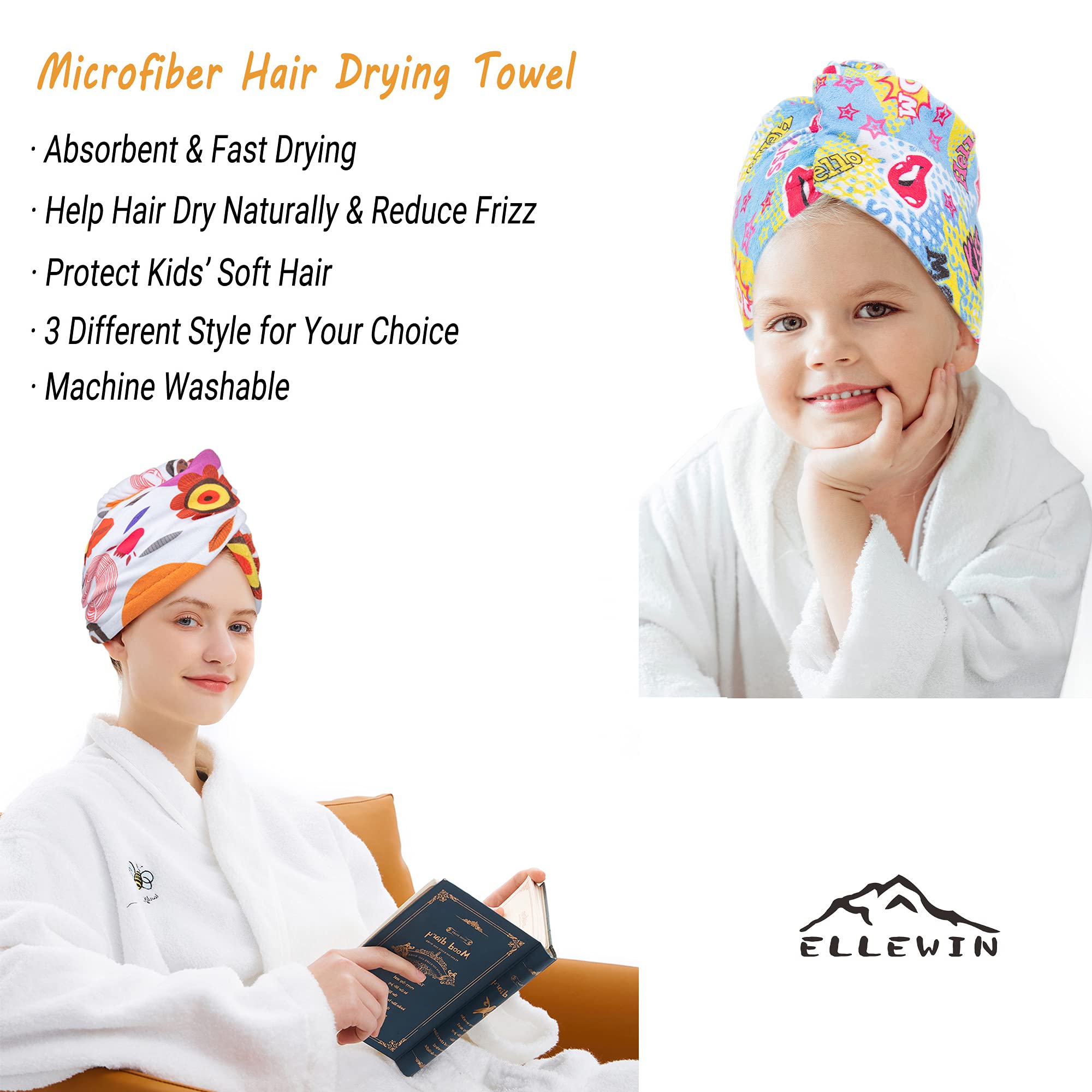 Ellewin Microfiber Hair Drying Towels For Kids, 3 Pack Wet Hair Towel Wrap Turban For Girls Children Women, Quick Dry Twisty Hai
