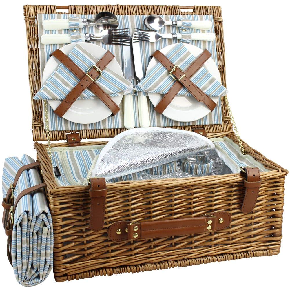 Happypicnic Wicker Picnic Basket Set For 4 Persons  Large Willow Hamper With Large Insulated Cooler Compartment, Free Waterproof