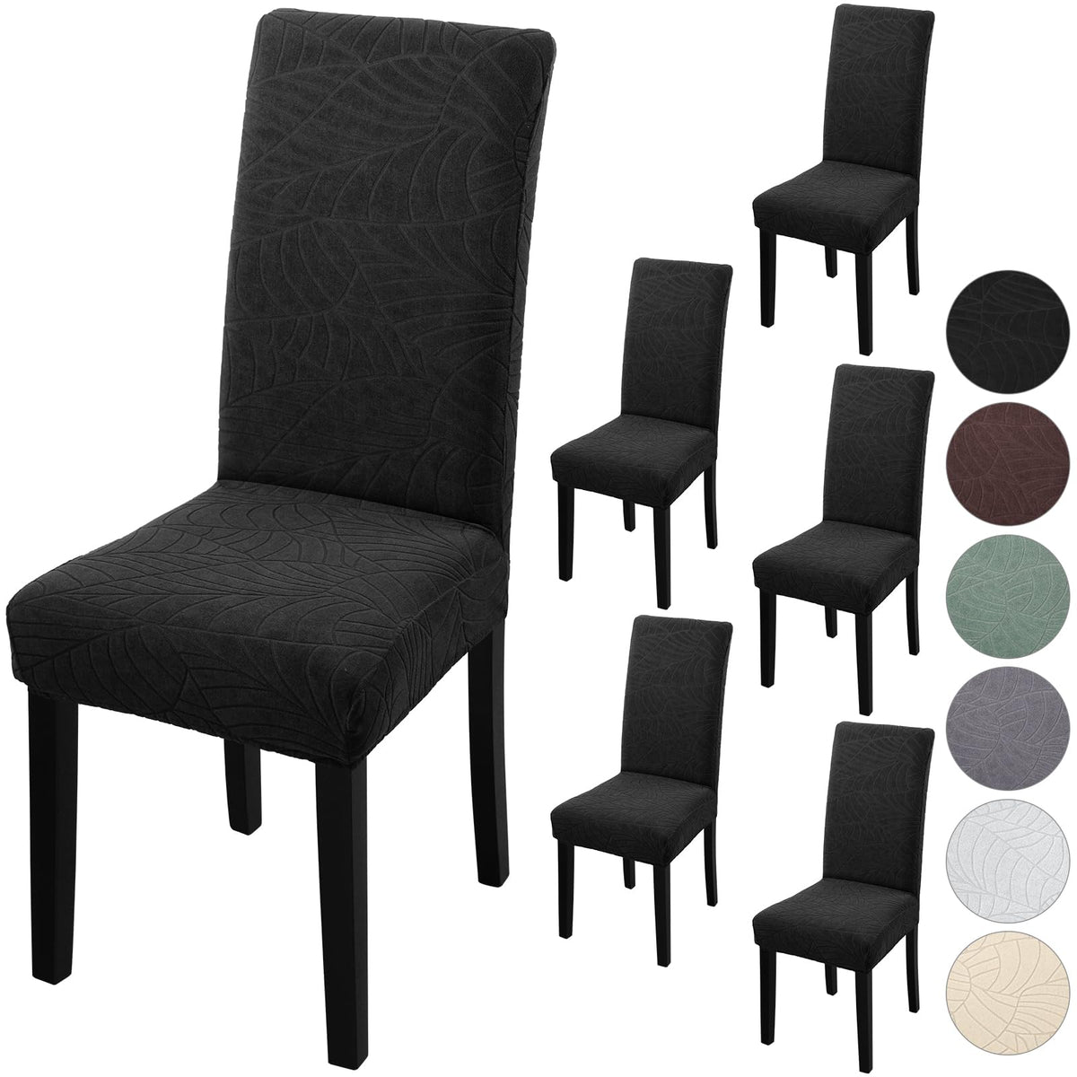 Fuloon Chair Covers For Dining Room 4 Pack, Solid Stretch Dining Chair Covers, Washable Kitchen Slip Covers, Jacquard Parson Chair Covers Set Of 4(Leaf Jacquard Black, 4 Pack)