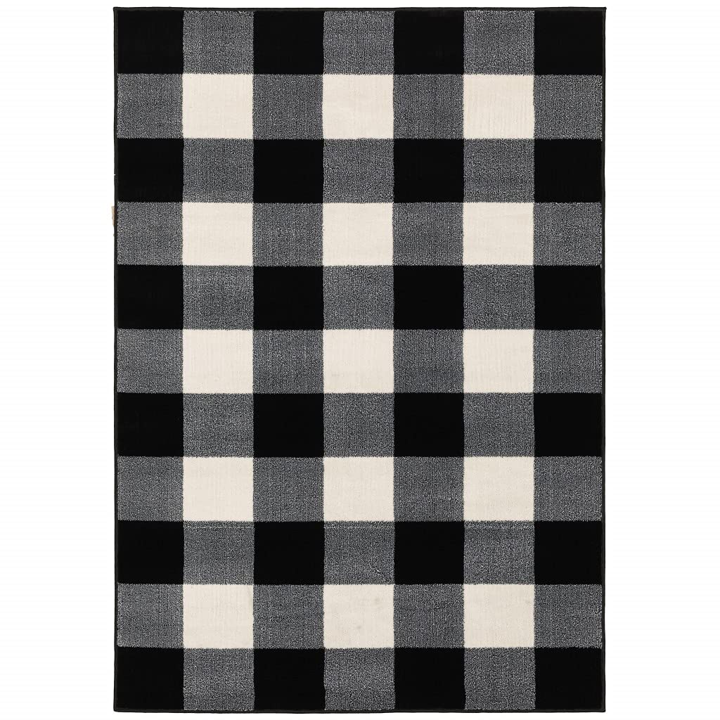 HomeRoots Black Polypropylene 10’ x 13’ Monochromatic Gingham Pattern Indoor Area Rug