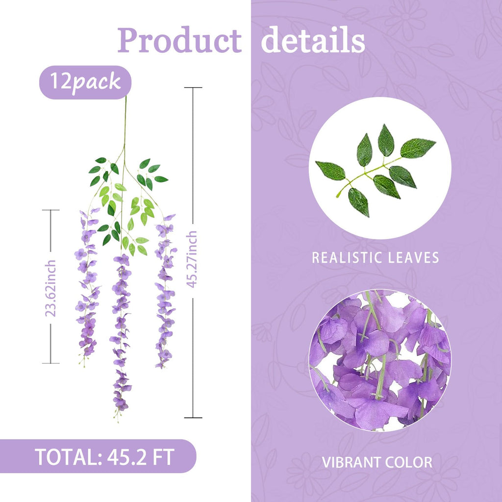 12 Pack Light Purple Wisteria Hanging Flowers Garland, 3.77 Ft Light Purple Artificial Wisteria Flower Vines, Fake Light Purple