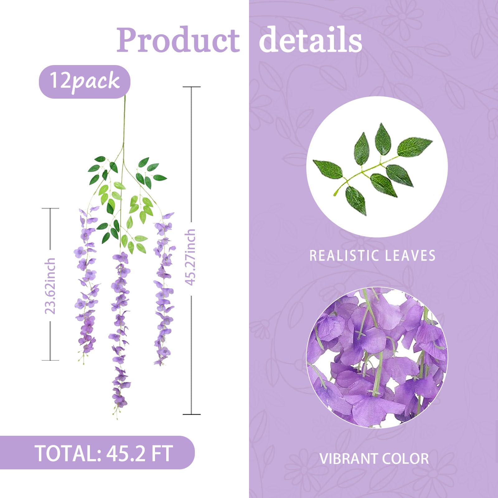 12 Pack Light Purple Wisteria Hanging Flowers Garland, 3.77 Ft Light Purple Artificial Wisteria Flower Vines, Fake Light Purple