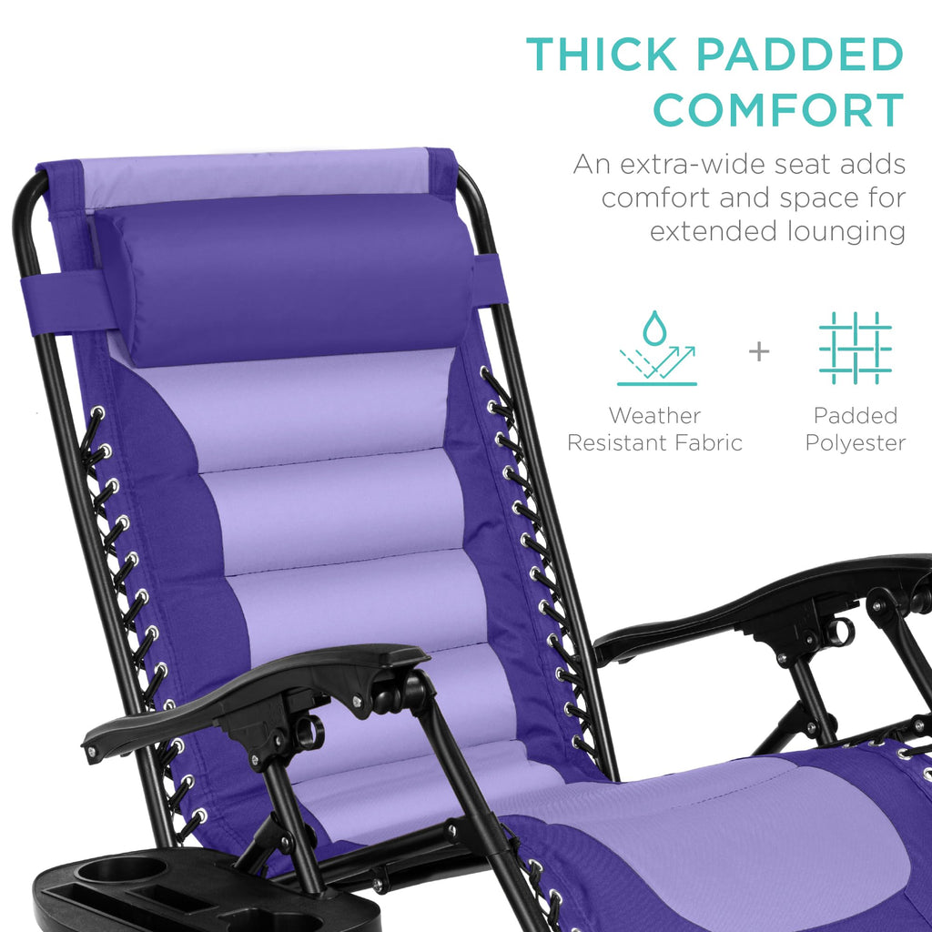 Best Choice Products Oversized Padded Zero Gravity Chair, Folding Outdoor Patio Recliner, Xl Anti Gravity Lounger For Backyard W/Headrest, Cup Holder, Side Tray, Polyester Mesh - Purple/Violet