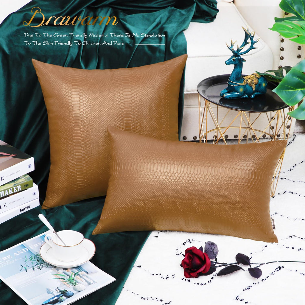 Brawarm Tan Leather Throw Pillows 22 X 22 Inches, Snake Leather Pillow Covers Pack Of 2, Faux Leather Decorative Pillow Covers F