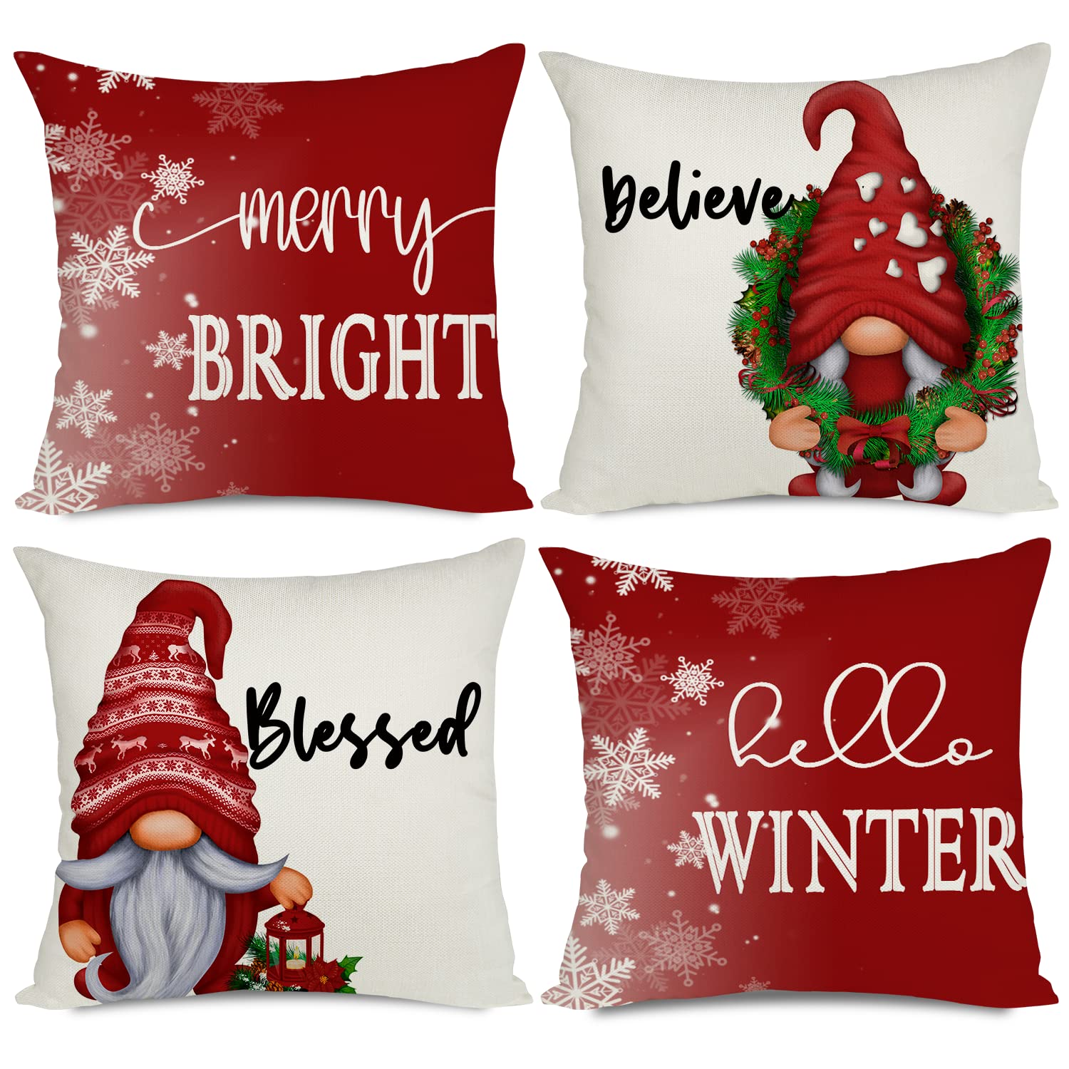 Artmag 20X20 Christmas Throw Pillow Covers,Decorative Farmhouse Hello Winter Gnomes Merry Bright Outdoor Christmas Pillow Shams