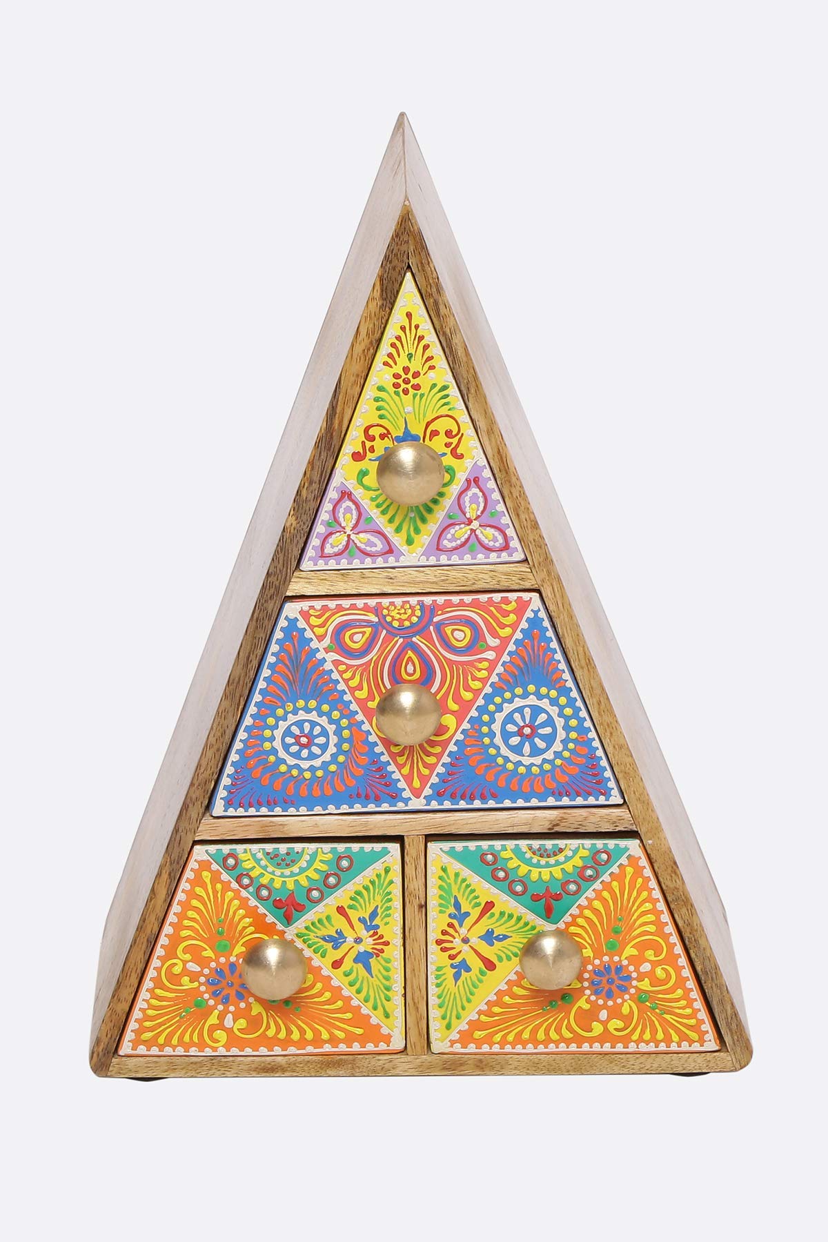 Shobha Kraft Global Hand Painted Triangle Shape Wooden Mini/Small 4 Drawer Multipurpose Storage Organiser (Multicolour, 9.5X5X