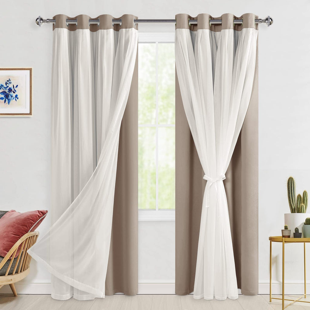 Hiasan Camel Blackout Curtains with Sheer Overlay, Grommet Thermal Insulated Privacy Mix & Match Double Layer Room Darkneing Cur