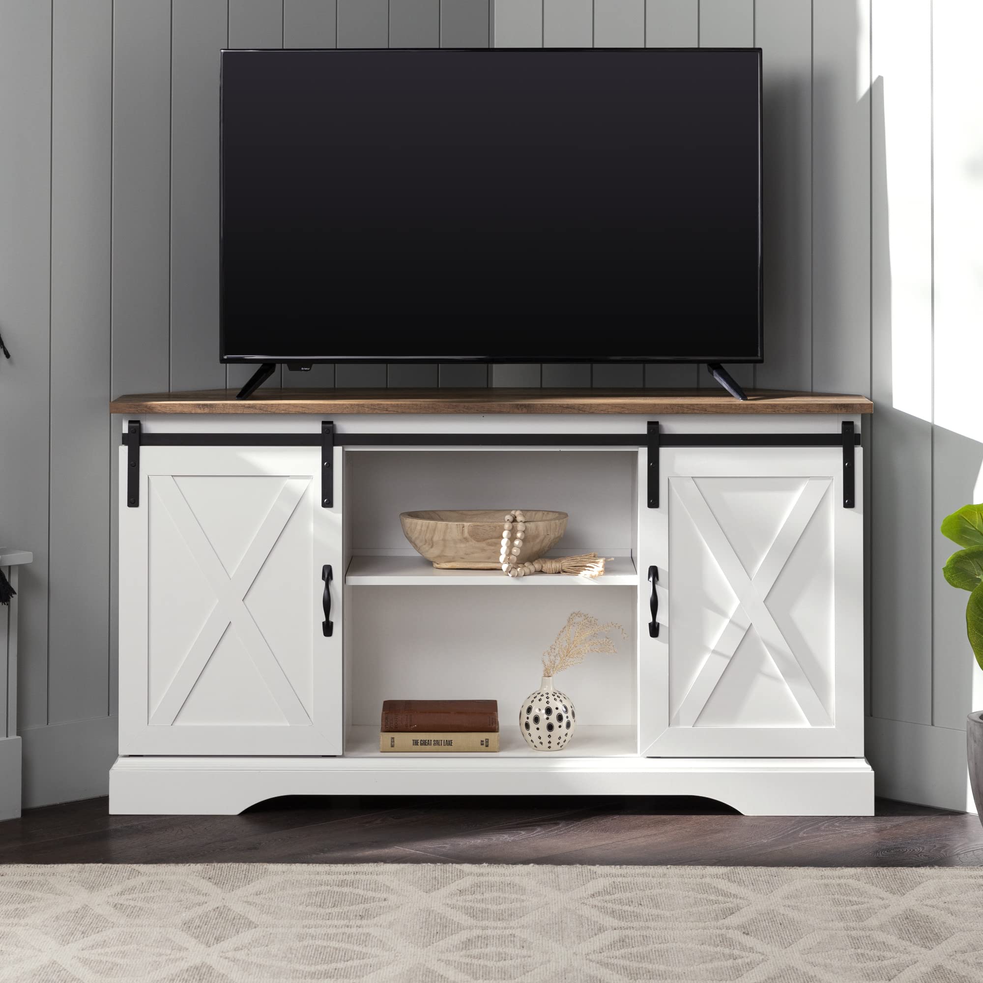 Walker Edison Everette Modern Farmhouse Double Sliding X Barn Door Stand For Tvs Up To 58 Inches, 52 Inch, Reclaimed Barnwood And Solid White