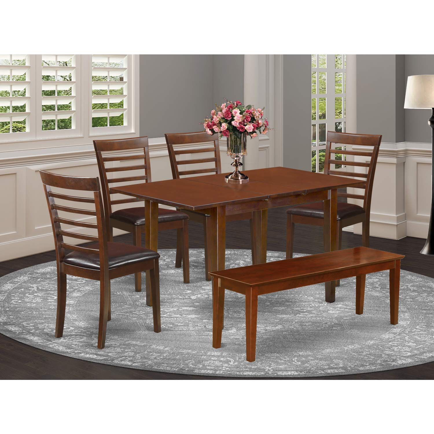 East West Furniture Noml6C-Mah-Lc 6 Pc Small Table Set - Table And 4 Dining Chairs Plus Bench