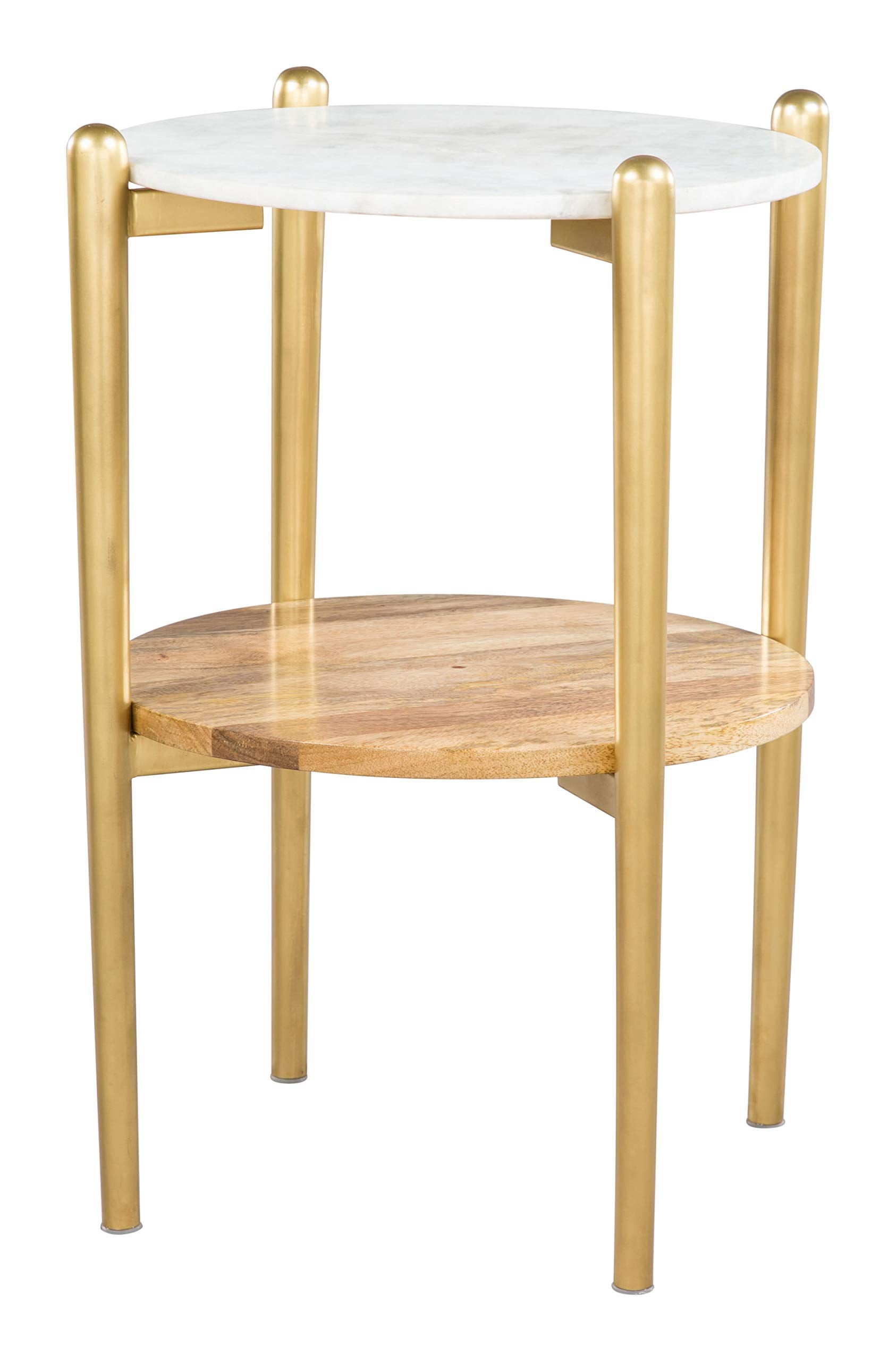 Homeroots Furniture 18-Inch X 18-Inch X 24-Inch White Marble, Wood & Gold, Marble, Mango Wood, Metal, Side Table