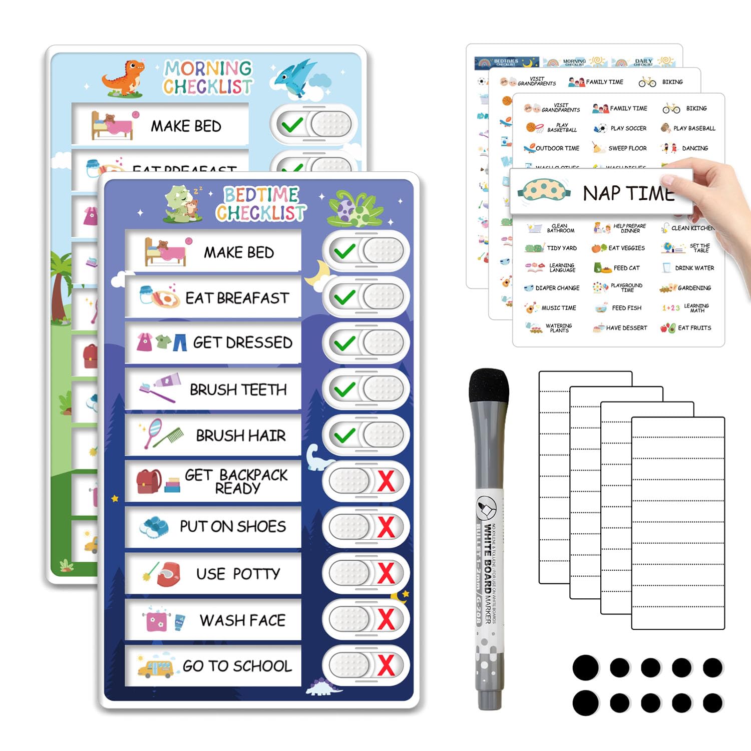 Upgraded 2 In 1 Bedtime/Morning Routine Chart For Kids Toddlers, Magnetic Chore Chart For Kids, Cute Visual Schedule For Kids Sc