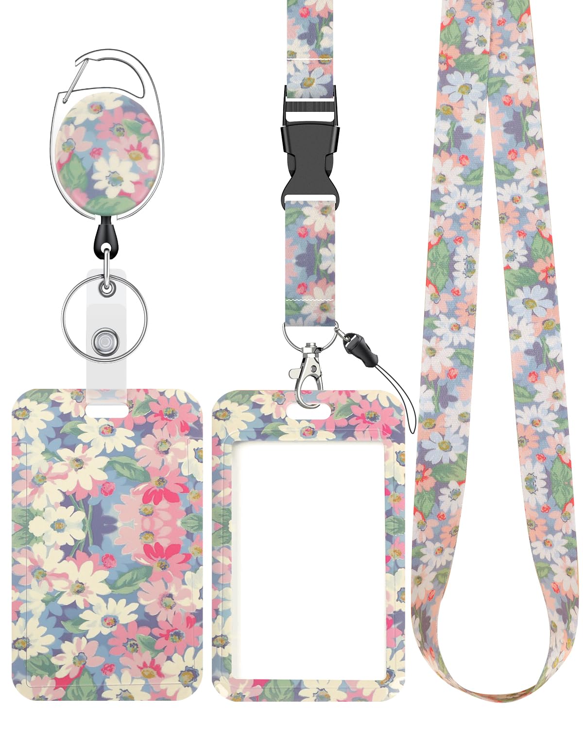 Uniclife Floral Sliding Badge Holder Wild Flower Plastic Case With Retractable Badge Reel Carabiner Clip & Detachable Lanyard St