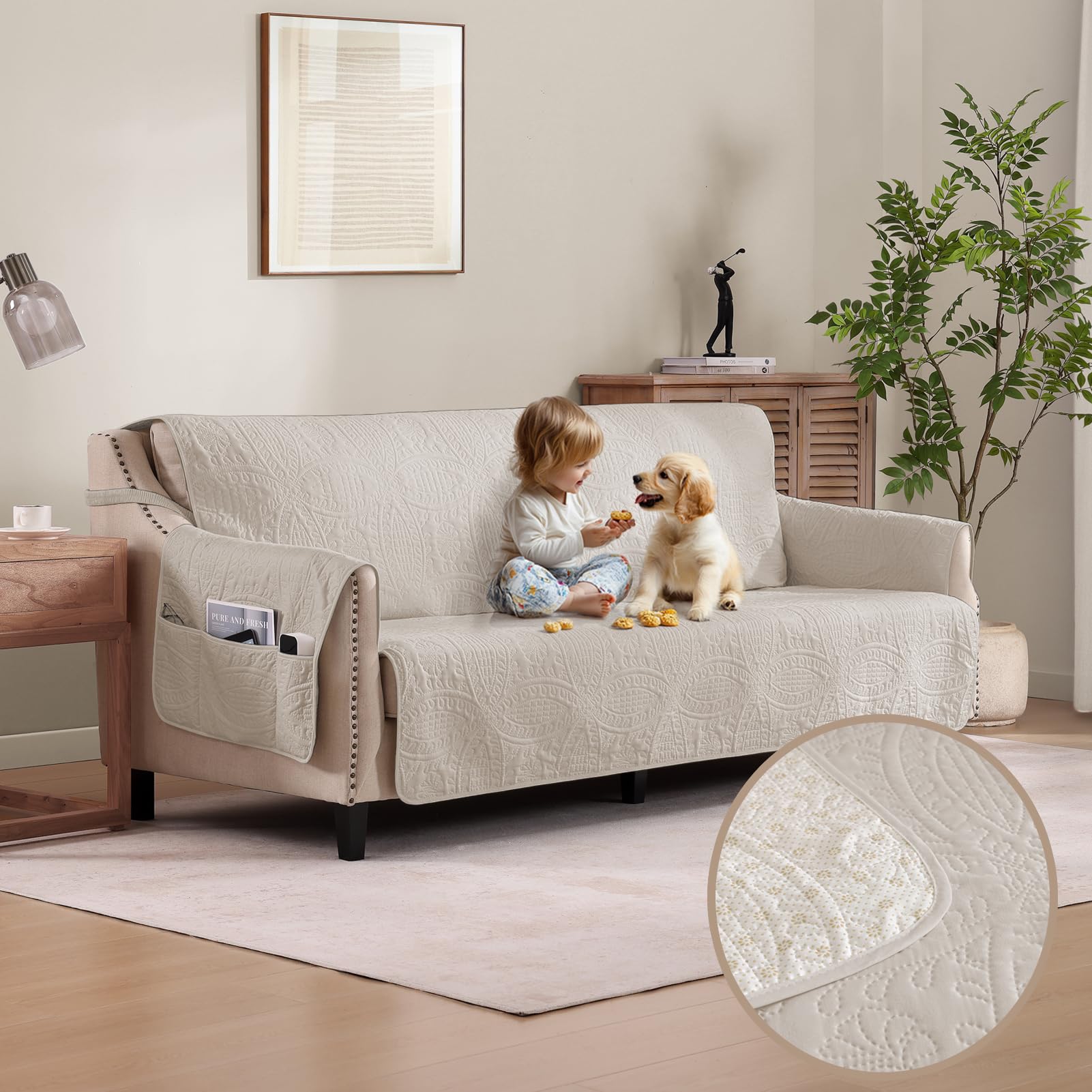 Pamhaven Soft Quilted Couch Cover with Pockets for Extra-Large Sofa, Anti-Slip Sofa Covers Washable for 3 Cushion Pet Friendly, 