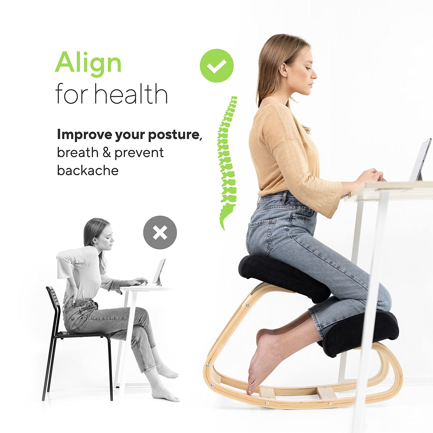 Luxton Memory Foam Ergonomic Kneeling Chair - Posture Support Comfortable Padded Office Desk Chair - Angled Rocking Stool & Balancing Seat - Natural Relief For Neck Or Back Pain