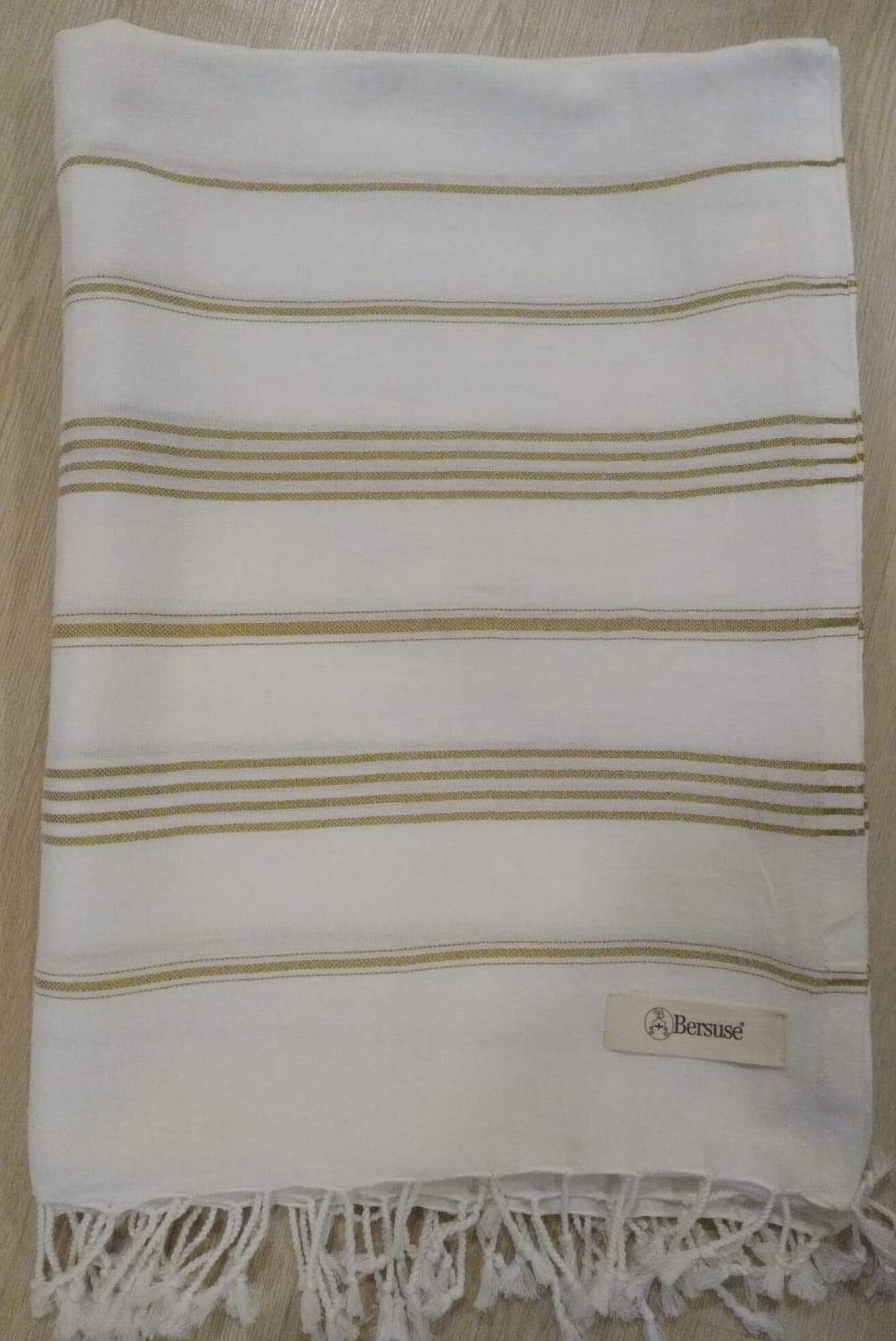 Bersuse 100% Cotton - Anatolia XL Throw Blanket Turkish Towel - 61 x 82 Inches, White Gold