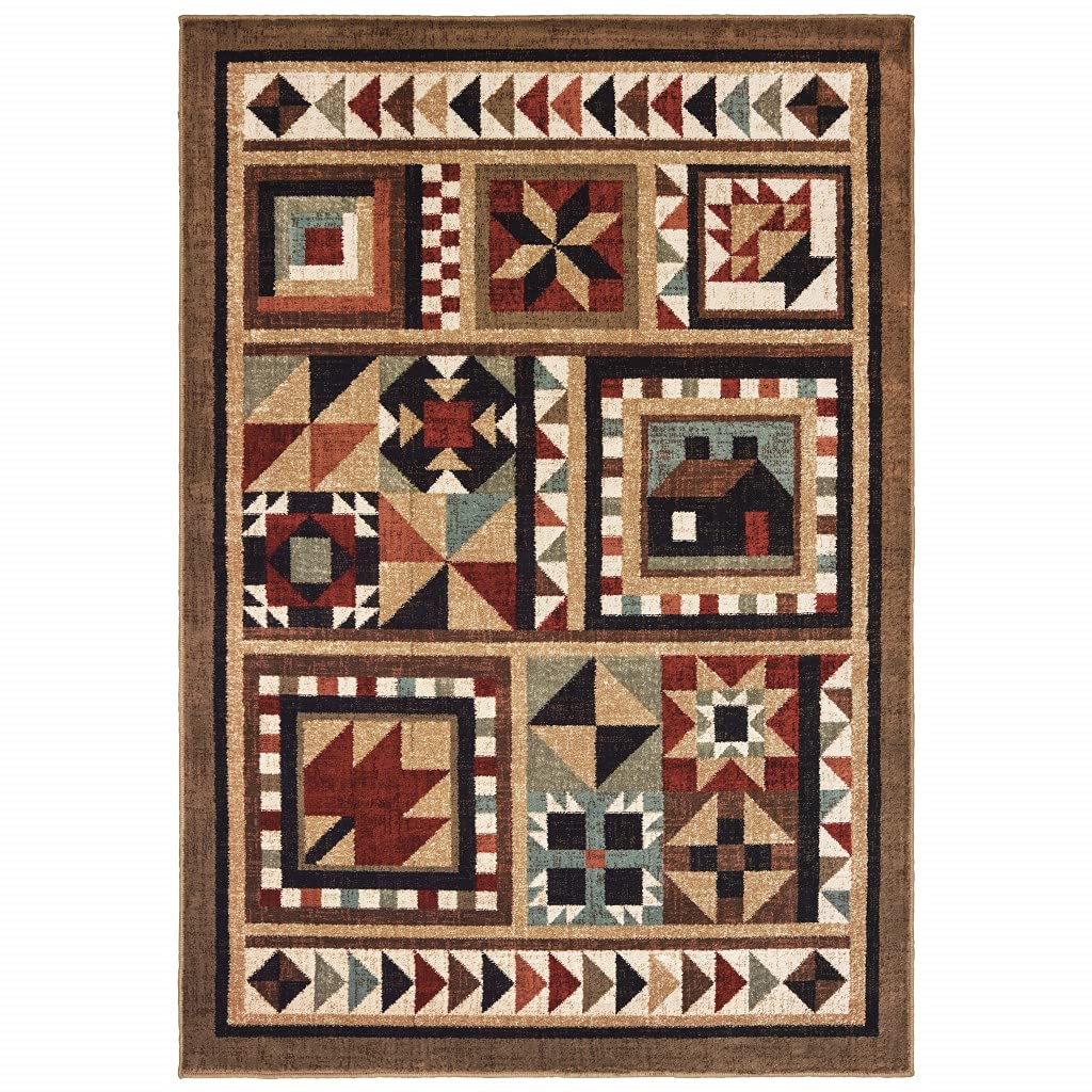 HomeRoots Polypropylene 4’x6’ Brown and Red Ikat Patchwork Area Rug