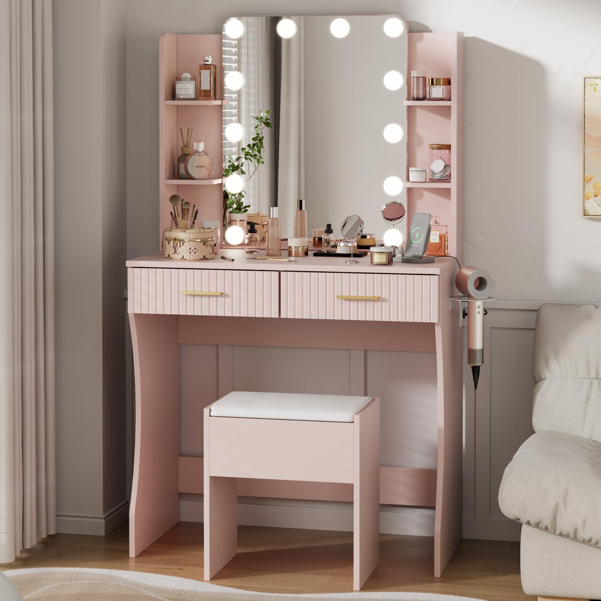Otterease Vanity Desk with LED Lighted Mirror, Makeup Vanity with 3 Adjustable Lights, 2 Large Drawers and 4 Open Shelves, Pink 