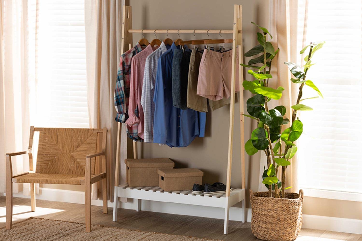 Baxton Studio Raylyn Modern and Contemporary Two-Tone White and Oak brown Finished Wood Freestanding Coat Hanger