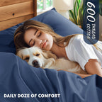 Shilucheng 100% Cotton Queen Size Sheets Set - 600 Thread Count Luxury Egyptian Cotton Breathable Cooling Navy Blue Queen 4 Piece