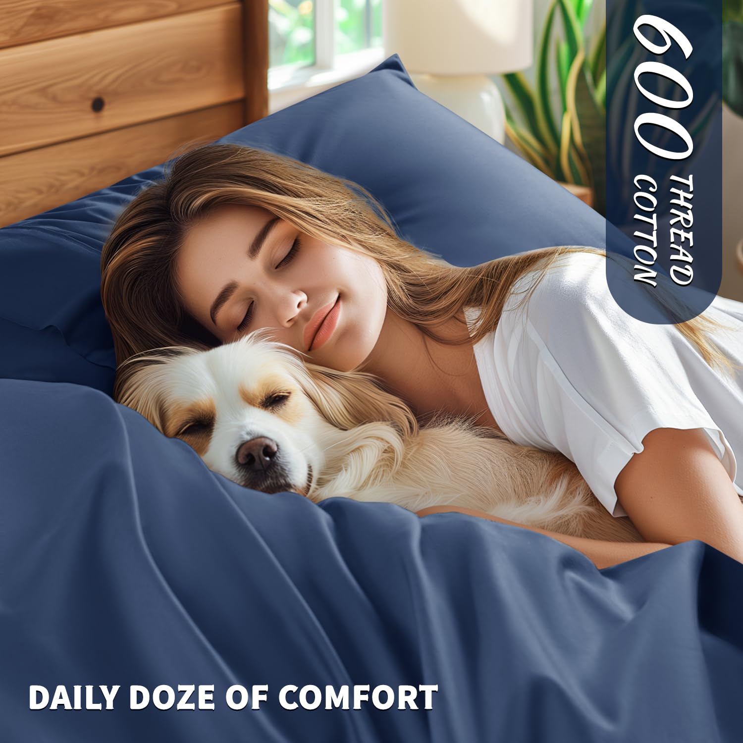 Shilucheng 100% Cotton King Size Sheets Set - 600 Thread Count,Luxury Egyptian Cotton Bed Sheets,5-Star Hotel Quality Sheets, Breathable & Cooling, 16 Inch Deep Pocket - 4 Piece (Navy Blue, King)