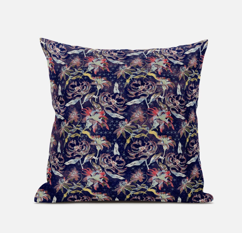 HomeRoots Red Blue Gold 20' Midnight Blue Roses Zippered Suede Throw Pillow
