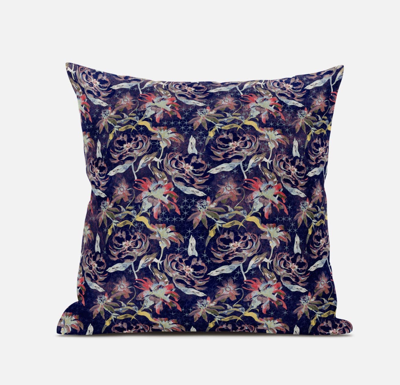 HomeRoots Red Blue Gold 20' Midnight Blue Roses Zippered Suede Throw Pillow