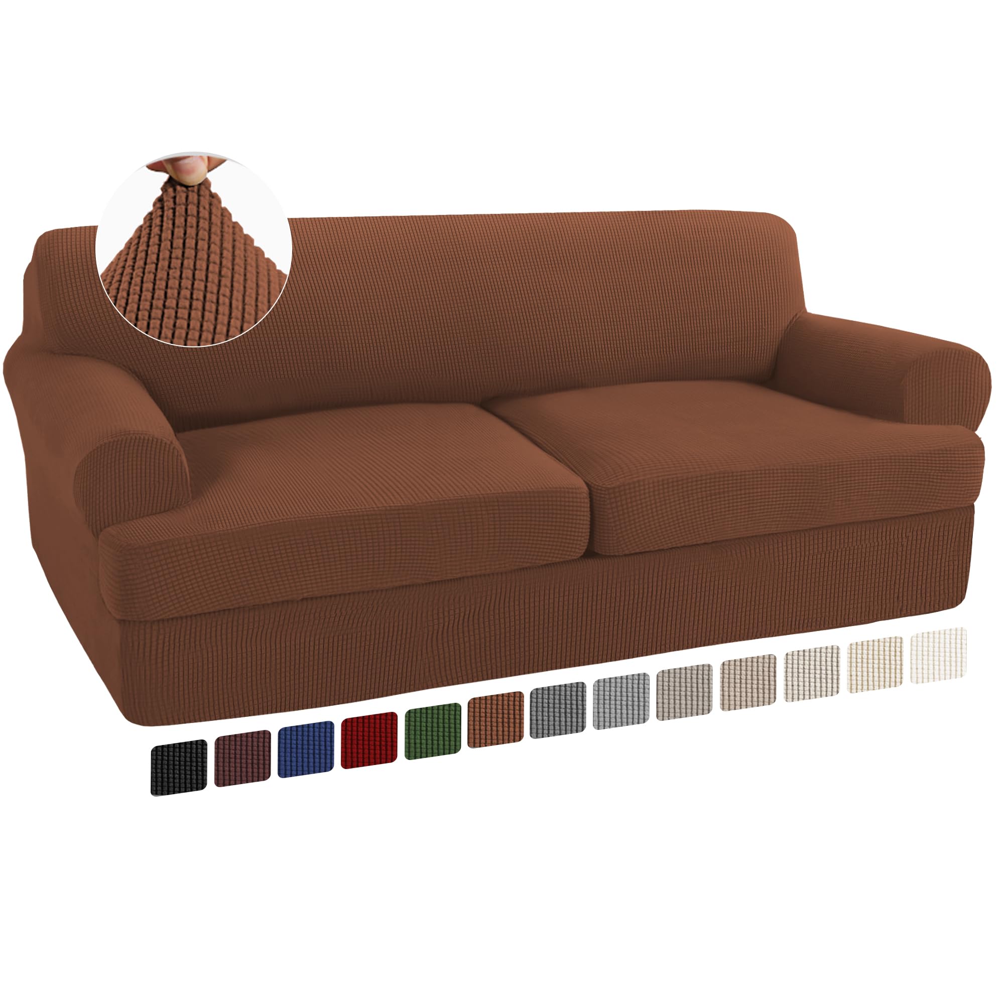 Turquoize 3 Piece T Cushion Sofa Slipcovers Sofa Cover For T Cushion Sofa Couches Stretch Couch Cover Furniture Covers With 2 Individual T Cushion Covers, Machine Washable (2 Cushion Sofa, Caramel)