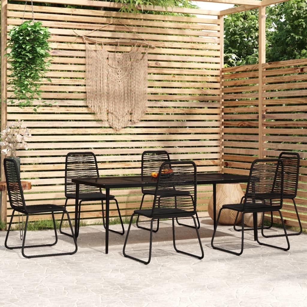 vidaXL Black Patio Dining Set - 7 Piece Garden Dinner Set with Rattan Chairs and Glass Tabletop - Durable Powder-Coated Steel Frames - Perfect for Outdoor Dining and Entertainment