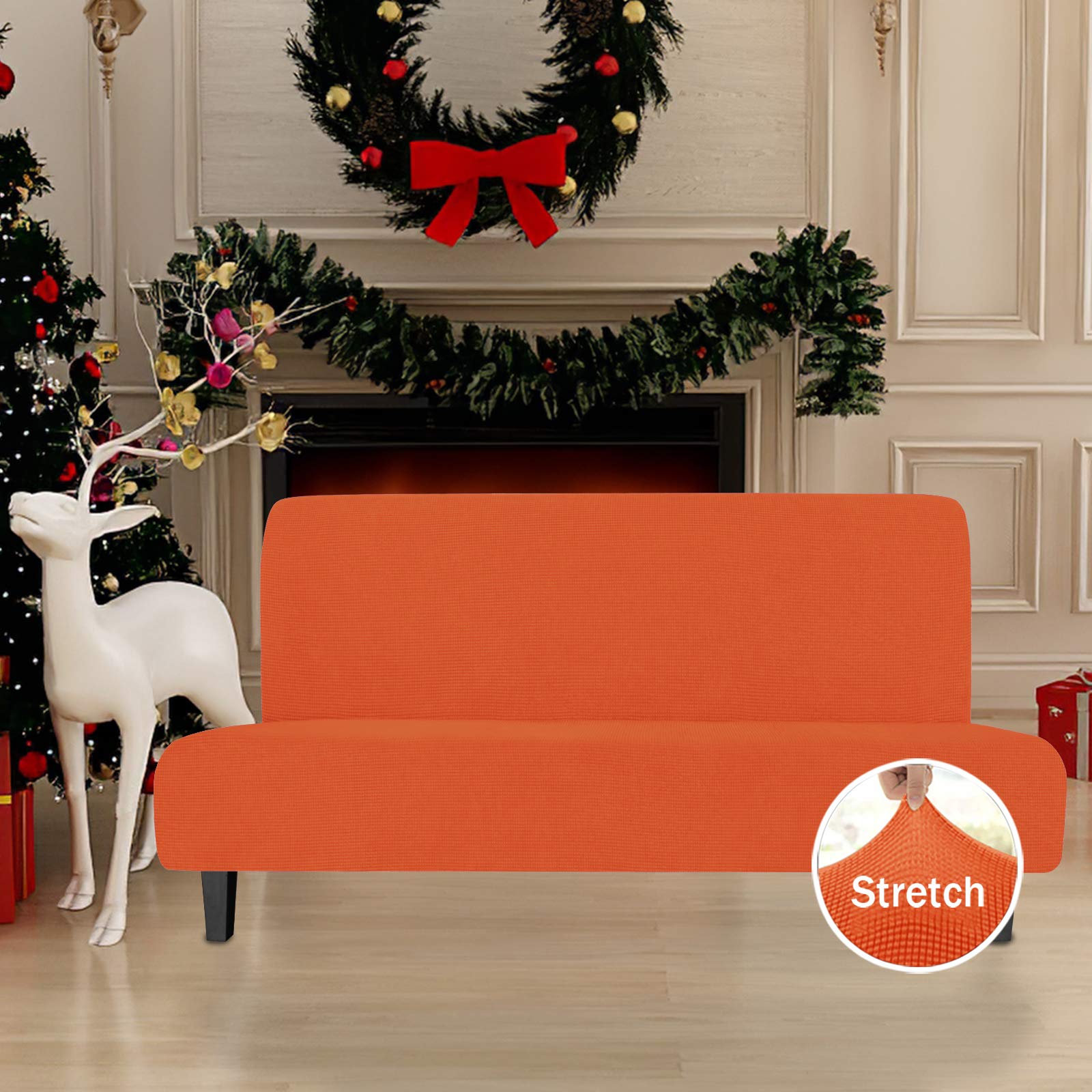 Easy-Going Stretch Futon Slipcover Armless Futon Bed Cover Furniture Protector Without Armrests With Elastic Bottom For Kids, Soft Jacquard Fabric Small Checks (Large, Orange)