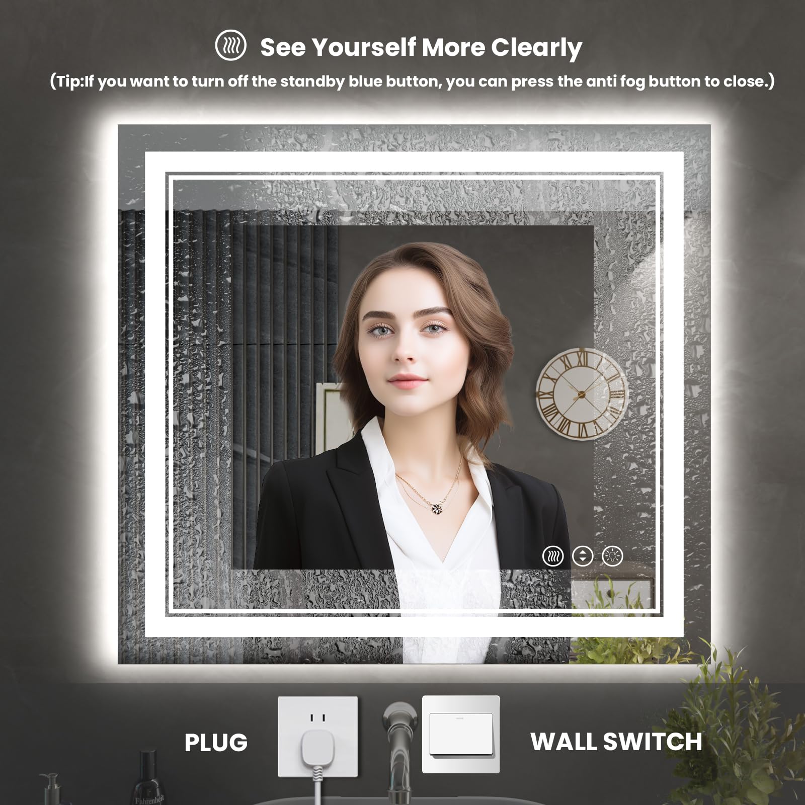 Istripmf 40 X 38 Inch Led Bathroom Mirror, Front Light And Backlit Anti-Fog Dimmable Memory Lighted Vanity Mirror, Shatterproof