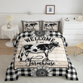 Manfei Cow Comforter Set Full Size, Rustic Farmhouse Sunflower Bedding Set 3Pcs For Kids Boys Teens Room Decor, Grey White Plaid