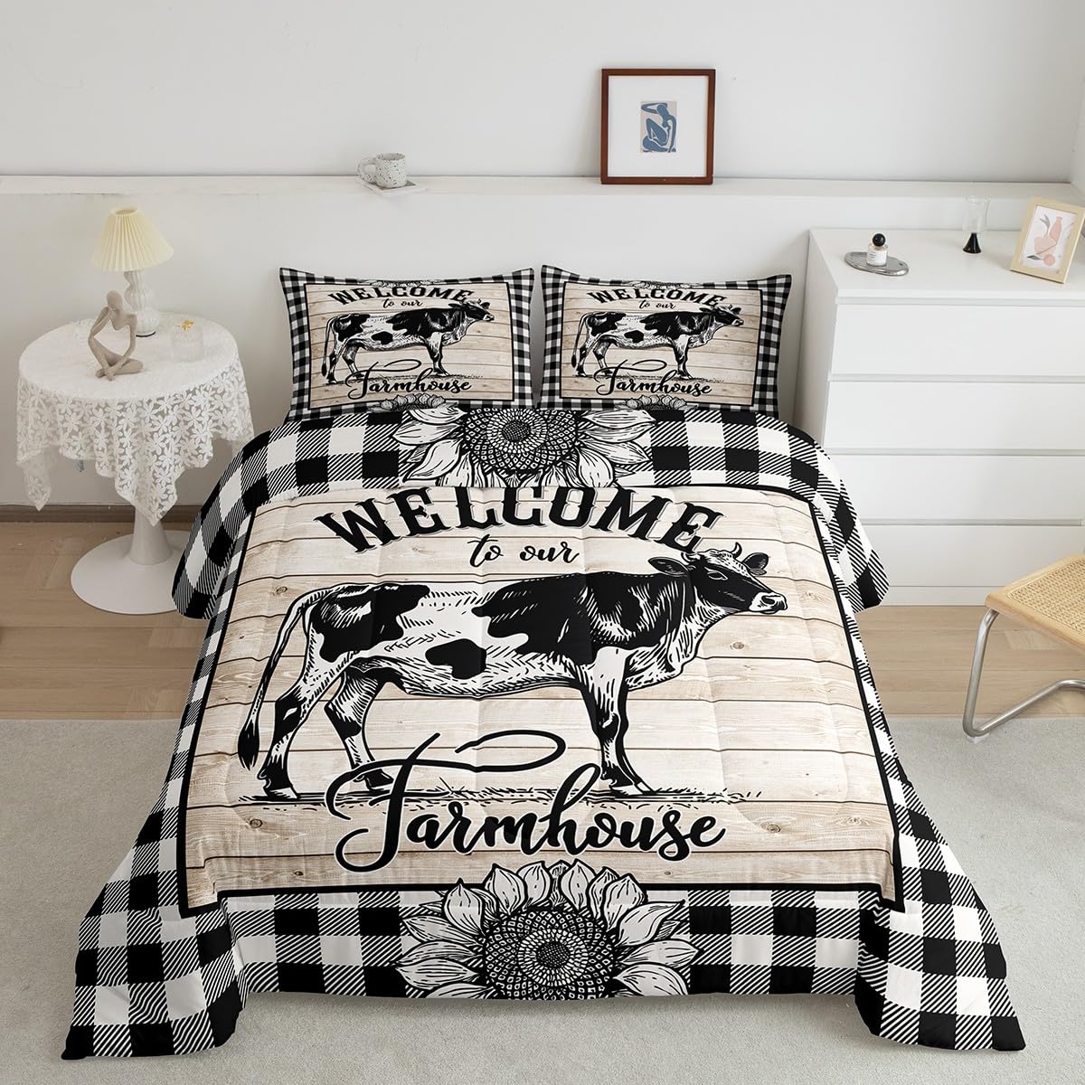 Manfei Cow Comforter Set Full Size, Rustic Farmhouse Sunflower Bedding Set 3Pcs For Kids Boys Teens Room Decor, Grey White Plaid