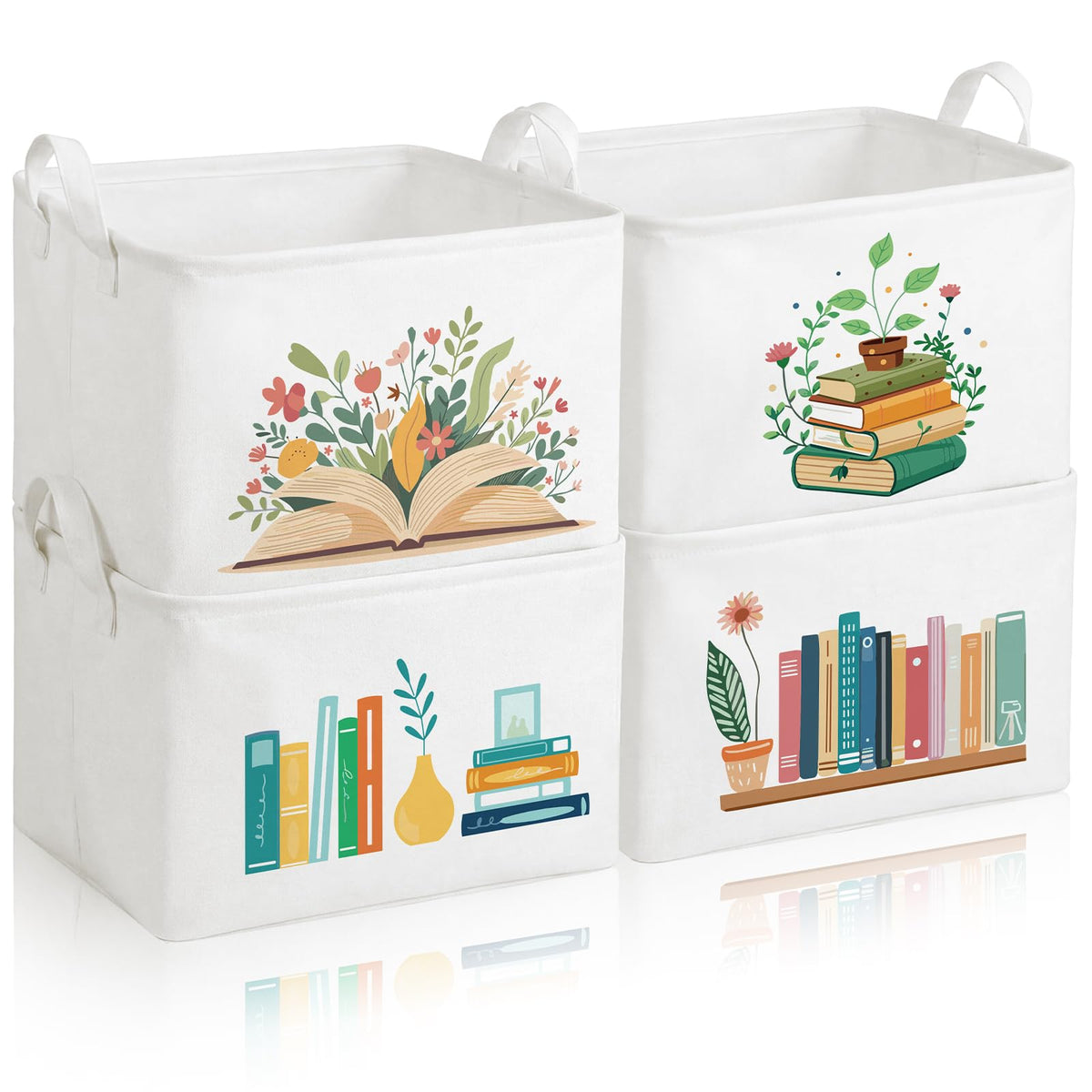 Breling 4 Pcs Book Lover Gifts Book Baskets Books Storage Bins with Handles Books Return Baskets Large Collapsible Storage Bin B
