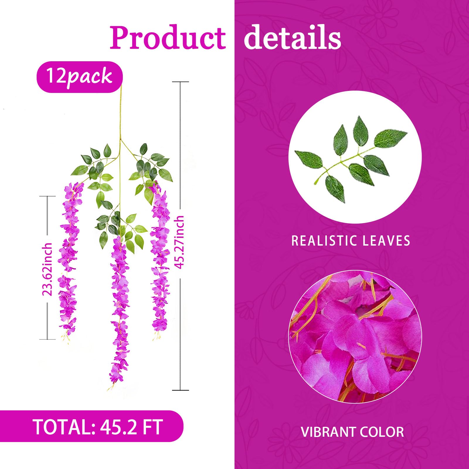 12 Pack Purple Red Wisteria Hanging Flowers Garland, 3.77 Ft Purple Red Artificial Wisteria Flower Vines, Fake Purple Red Wister