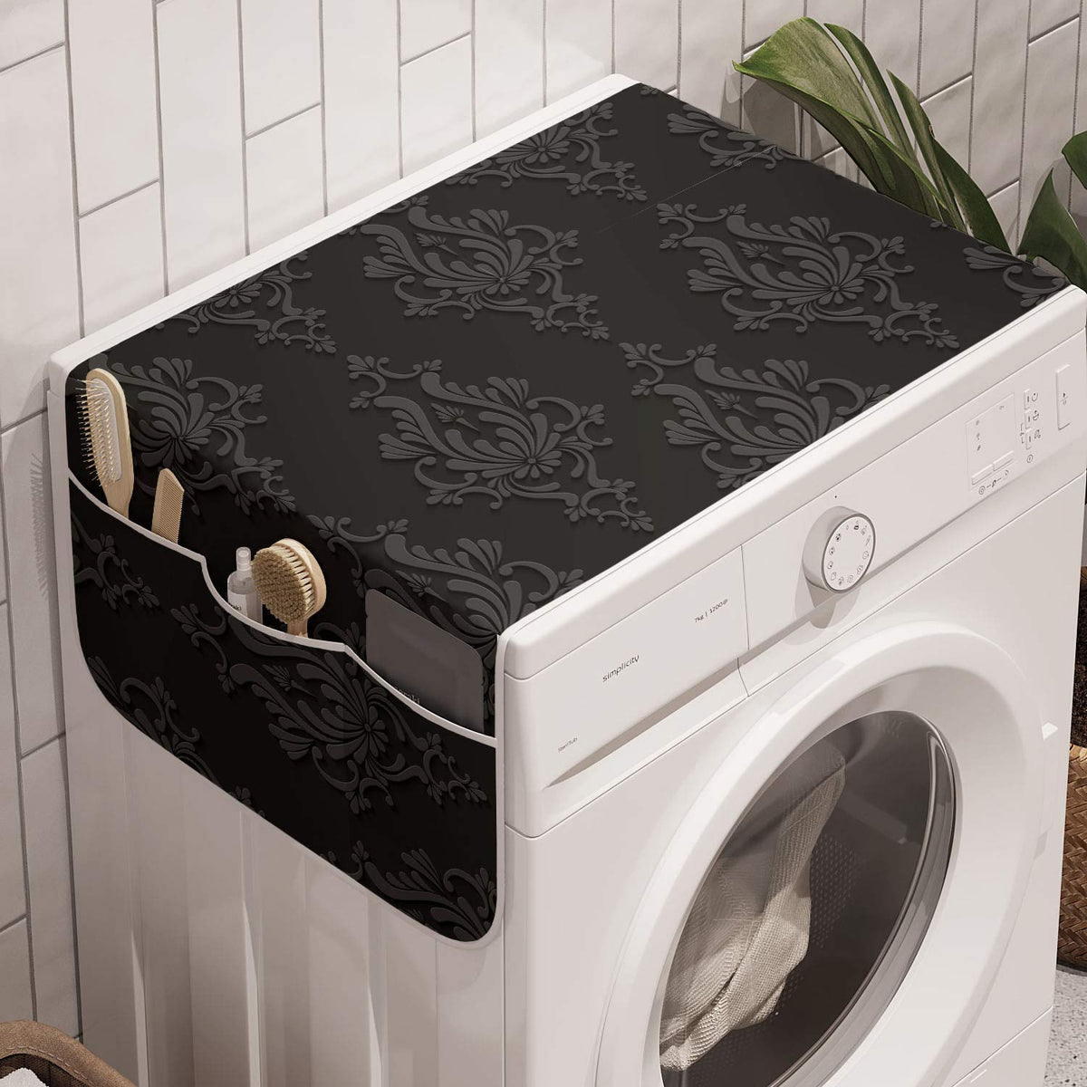 Ambesonne Dark Grey Washing Machine Organizer, Antique Damask Pattern In 3D Style Classic Old Fashioned Floral Design, Anti-Slip