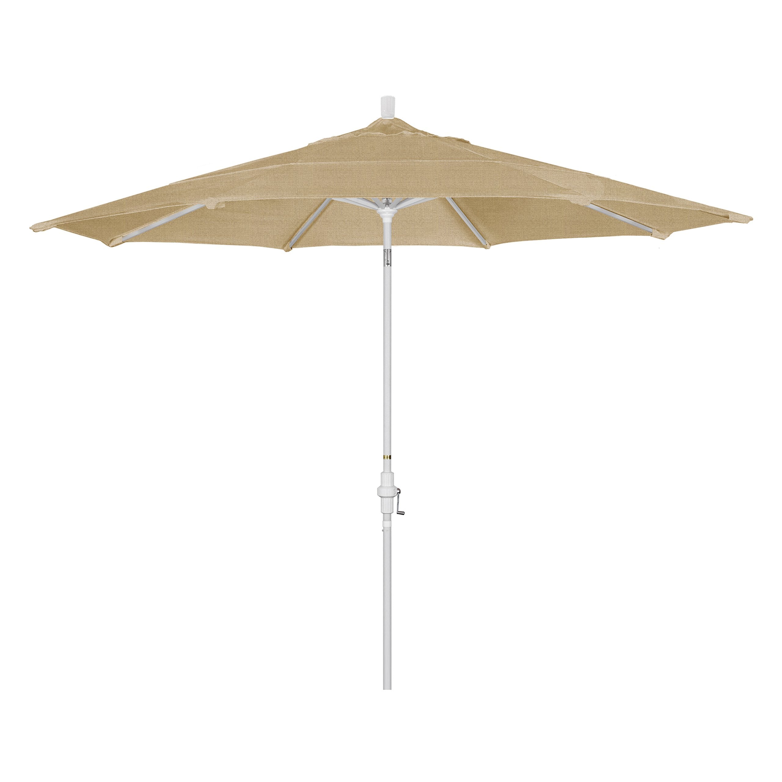 California Umbrella 11' Round Aluminum Market Umbrella, Crank Lift, Collar Tilt, White Pole, Sunbrella Linen Sesame