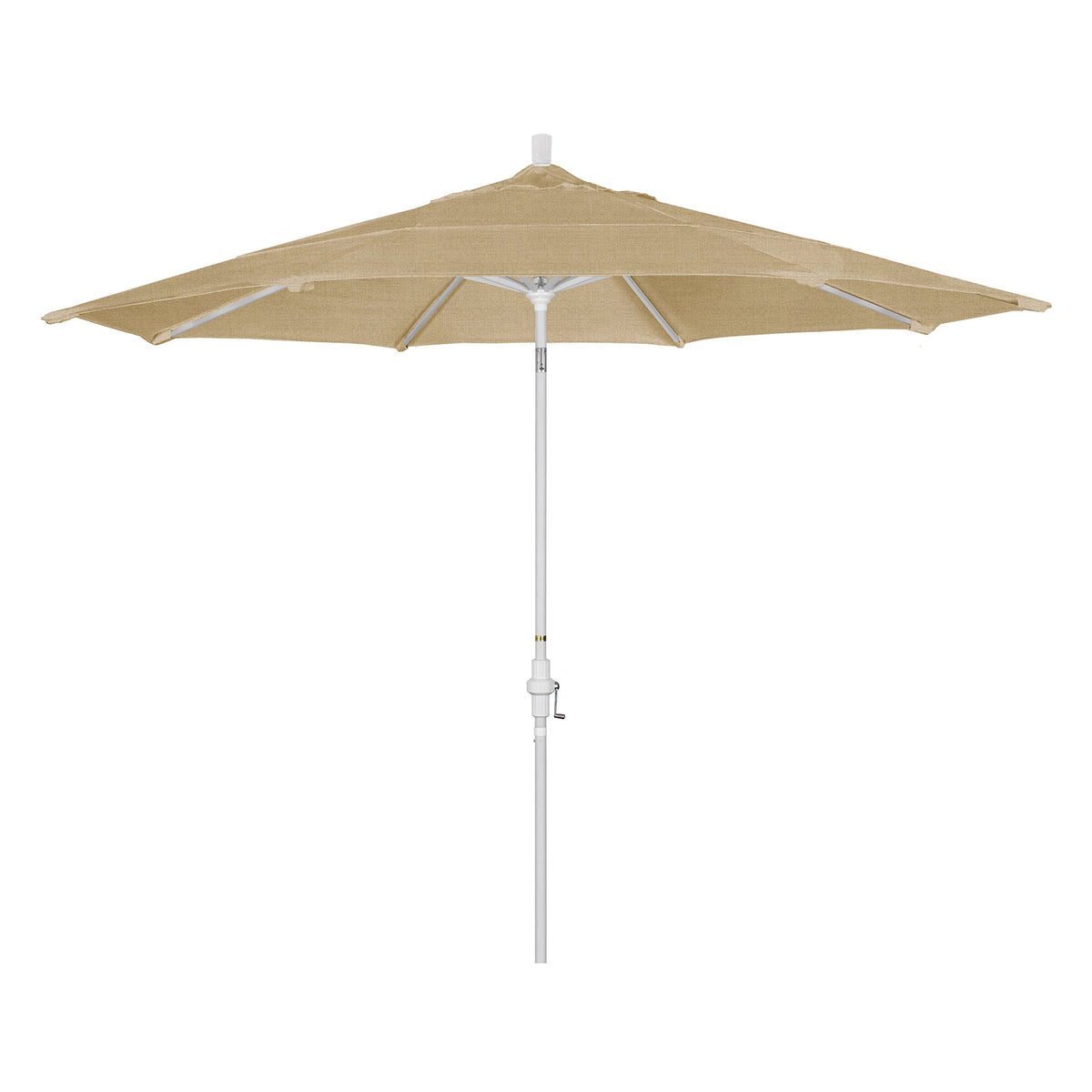 California Umbrella 11' Round Aluminum Market Umbrella, Crank Lift, Collar Tilt, White Pole, Sunbrella Linen Sesame