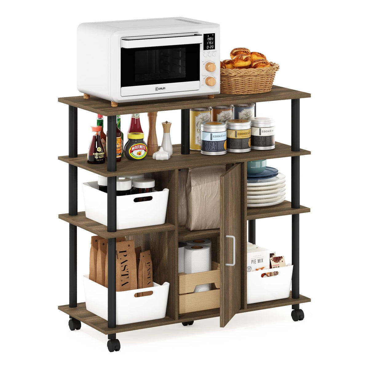 Furinno Helena Utility Kitchen Island And Storage Cart On Wheels, 4-Tier, Columbia Walnut/Black