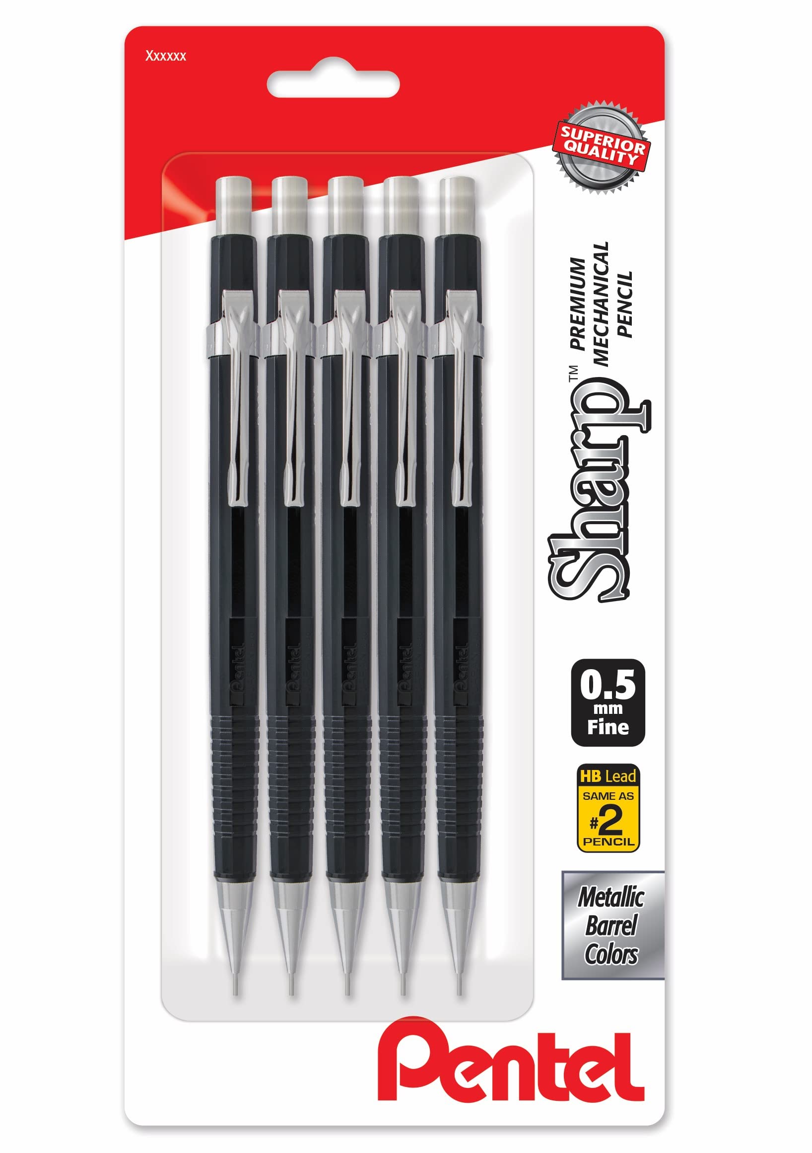 Pentel Sharp Mechanical Pencil - Pack Of 5 Black Mechanical Pencils 0.5 Mm
