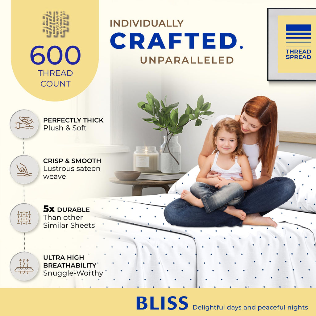 Thread Spread 100% Egyptian Cotton Printed Bed Sheets - 600 Thread Count 4 Pc Queen Sheet Set, Hotel Luxury Sateen Bedsheets, 16' Deep Pocket Soft Cooling Sheets For Queen Size Bed - Polka Dot - Navy