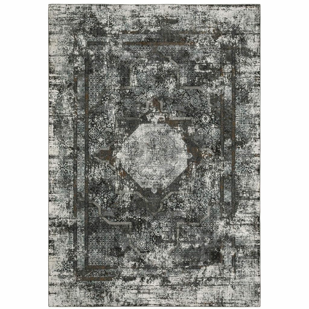 HomeRoots 508939 10 x 13 ft. Charcoal Rust Gray Blue Ivory & Brown Oriental Power Loom Stain Resistant Rectangle Area Rug
