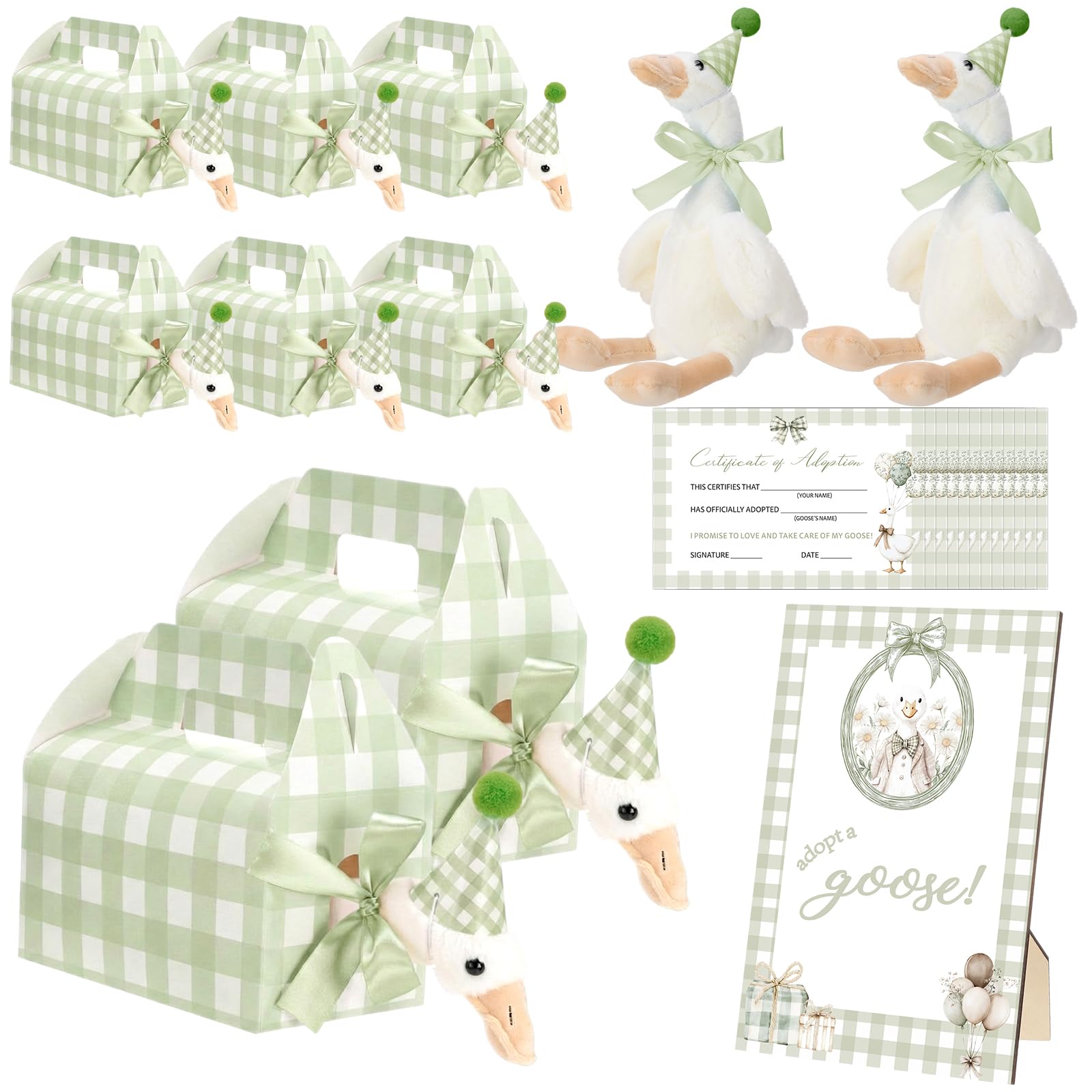 JolliLudo 10 Sets Silly Goose Birthday Decoration Adopt a Goose Stuffed Plush Animal Hat Adoption Certificates for Birthday(Dais