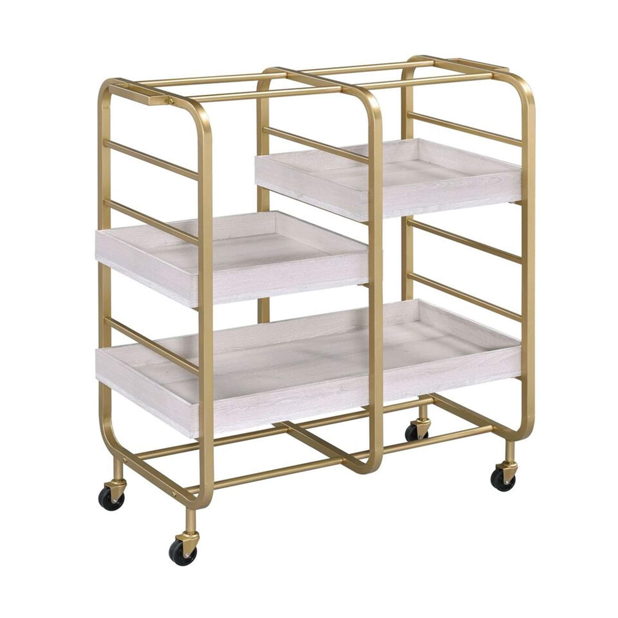Benjara Metal Frame Serving Cart With Adjustable Compartments, Gold And White