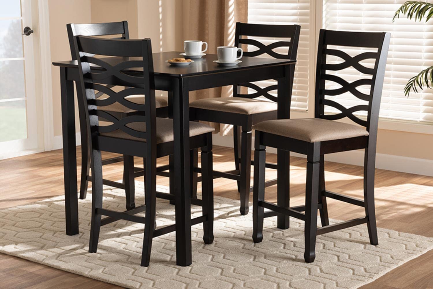 Baxton Studio Lanier Modern and Contemporary Sand Fabric Upholstered Espresso Brown Finished 5-Piece Wood Pub Set