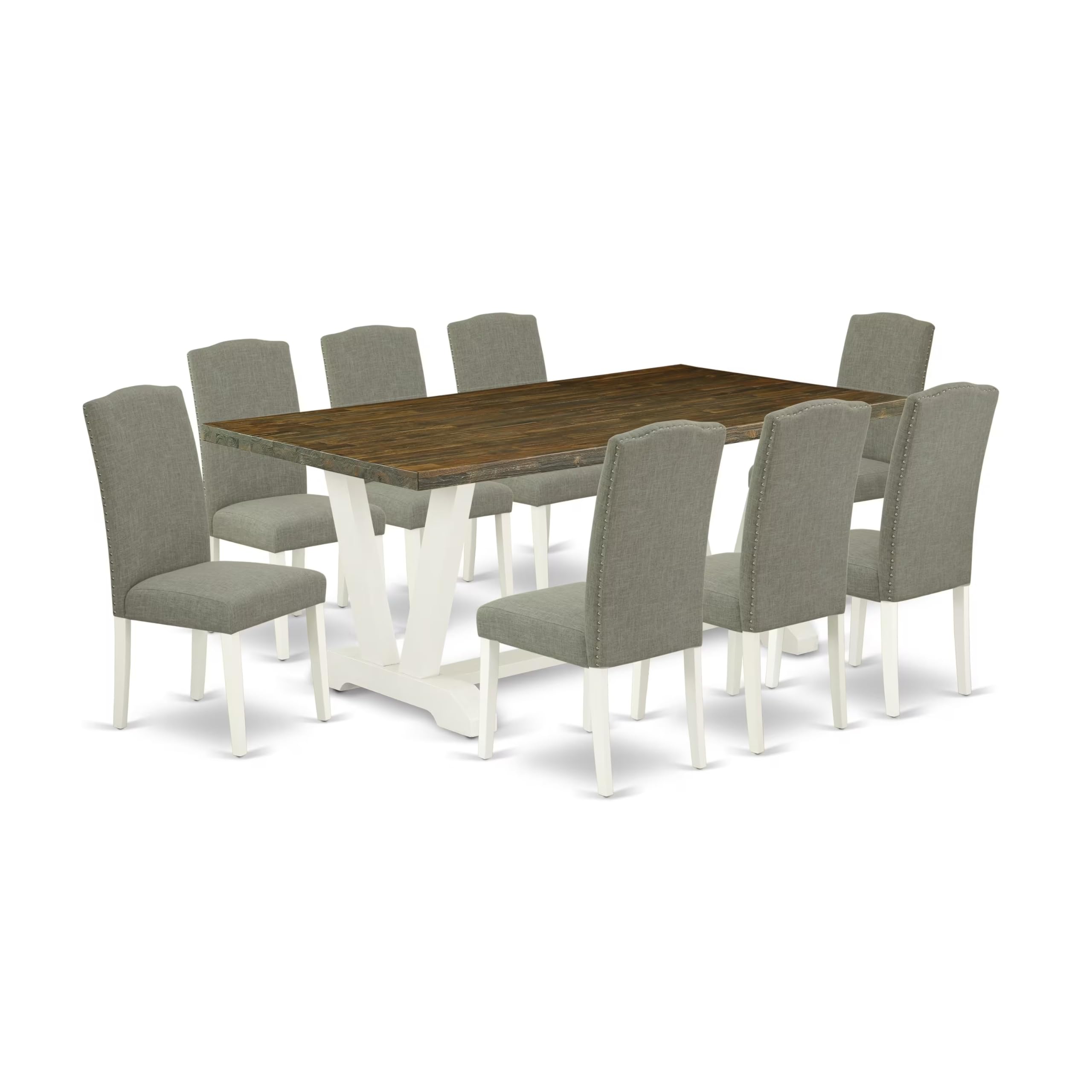 East West Furniture V077En206-9 9 Piece Modern Dining Table Set Includes A Rectangle Wooden Table With V-Legs And 8 Dark Shitake Linen Fabric Parsons Dining Chairs, 40X72 Inch, Multi-Color