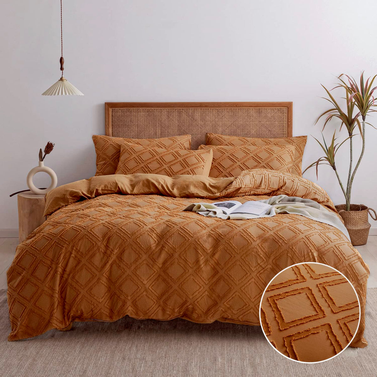 Jellymoni Duvet Cover King, Rust Microfiber Tufted Duvet Cover Set, Boho Textured Duvet Cover Jacquard Rhombus Geometric Pattern